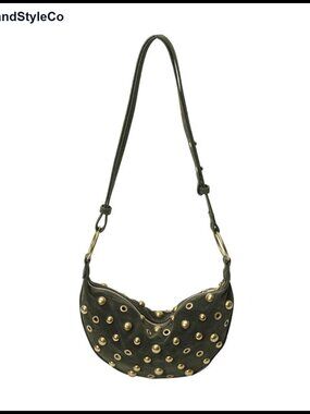 Faux Suede Studded Hobo Shoulder Bag Adjustable Strap Crescent Purse